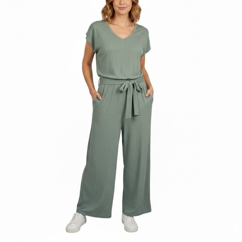 Cuddl Duds Size M Green Cap Sleeve Crinkle Jersey V-Neck Jumpsuit